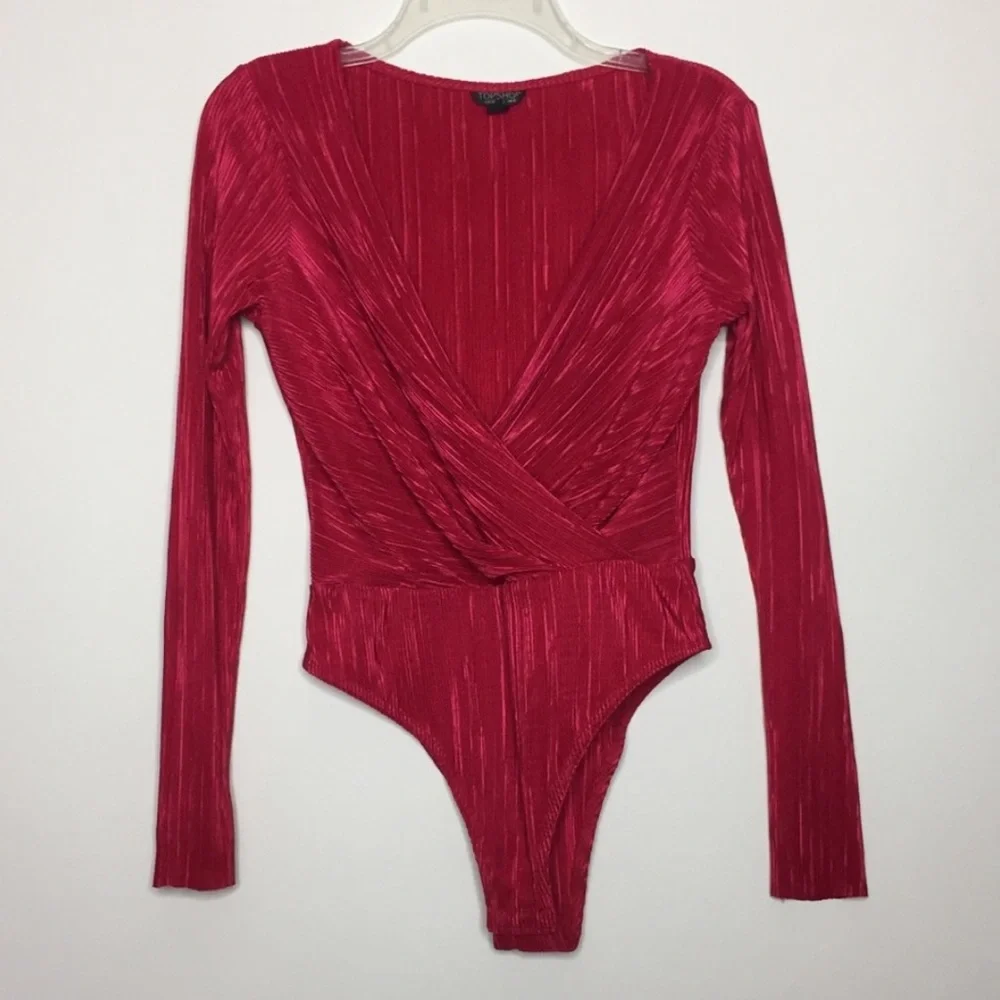 Topshop Plissé Faux Wrap Long Sleeve Bodysuit Pink Size 4 - Picture 5 of 13